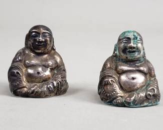 Lot # : 132 - Pair of vintage silver Buddha salt and pepper shakers.