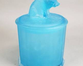 Lot # : 66 - Vintage blue frosted satin glass tobacco jar with boar figural lid