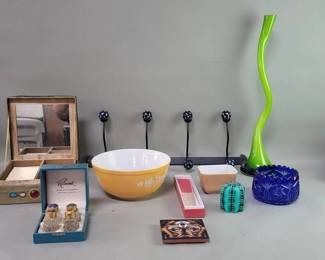 Lot # : 358 - Pyrex mixing bowl cobalt blue glass bowl, glass and enamel salt and pepper shakers, iron and ceramic wall rack etc.