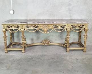 020 Lot 717 French Louis XVIstyle giltwood console table with marble top