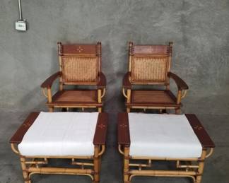 048 Lot 722 Pair of Asianstyle bamboo, wood, and rattan chairs with ottomans