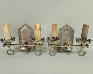 Lot # : 49 - Pair of Gothic-style brass candle-form sconces
