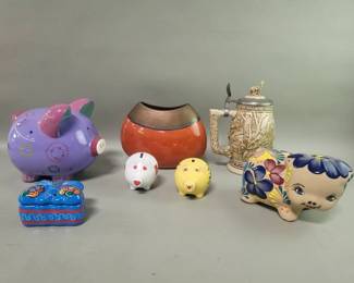 Lot # : 343 - Ceramic pig banks, beerstein, vase trinket box