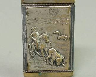 Lot # : 48 - Antique Western-motif silver plate & brass match safe.