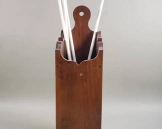 Lot # : 98 - Vintage wooden hanging pipe box with clay smoking pipes.