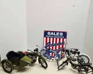 Lot #362 Vintage Bicycle & Motorcycle Model Collection | Schwinn Dealer Sign | High Wheel, Sidecar, Cruiser & More