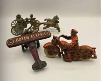 Lot #226 Vintage Cast Iron Toy Collection | Boyd's Flyer Airplane, Motorcycle & Horse-Drawn Wagon