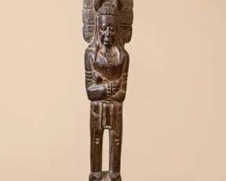Lot #198 Large Hand-Carved Tribal Figure Sculpture – African Style Wood Statue with Headdress | Floor Standing Folk Art Decor