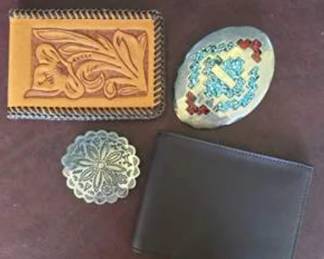 Lot #91 Southwestern & Native American Style Accessories Lot – Leather Wallets, Hand-Tooled Card Case, Belt Buckles & Concho Dec
