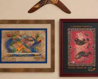 Lot #201 Australian Aboriginal Art Collection with Hand-Painted Boomerang – Framed Indigenous Artwork & Wall Decor Grouping