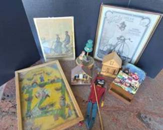 Lot #90 Vintage Folk Art & Miniature Collectibles Lot – Black Americana Figure, Wooden Doll Bed, Pinball Game, Bicycle Prints &