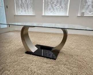 Lot #19 Contemporary Glass Coffee Table with Sculptural Metal Base | Modern Designer Cocktail Table | Luxury Living Room Furnitu