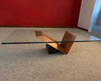 Lot #122 Cattelan Italia Glass Top Coffee Table | Italian Modern Designer Cocktail Table with Sculptural Wood Base