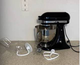 Lot #145 KitchenAid Artisan Stand Mixer with Attachments | Black Tilt-Head Mixer & Stainless Bowl
