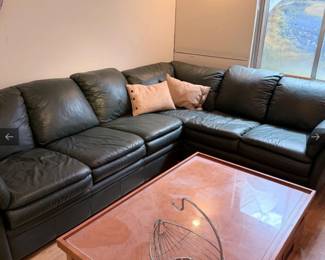 Lot #12 Scandinavian Designs Deep Green Leather Sectional Sofa | Modern L-Shaped Sectional | Contemporary Living Room Furniture
