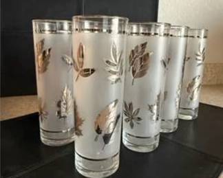 Lot #169 Set of 8 Vintage Libbey Silver Leaf Tom Collins Glasses | Frosted Mid-Century Cocktail Barware