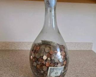 Lot #189 Large Coin-Filled Glass Bottle Bank – Pennies, Nickels, Dimes, Quarters & Currency Collection