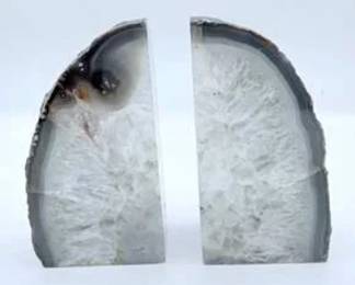 Lot #41 Natural White Agate Bookends – Polished Quartz Crystal Geode Stone Book Ends Home Décor