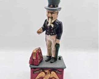 Lot #228 Vintage Uncle Sam Mechanical Bank Reproduction | Cast Iron Americana Coin Bank
