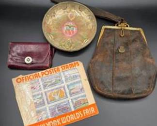 Lot #217 Vintage Collectibles & Ephemera Lot – Antique Leather Purse, Wallet, Decorative Bowl & 1939 New York World’s Fair Stamp