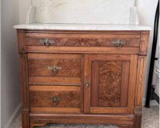 Lot #16 Antique Marble Top Washstand Cabinet | Victorian Tiger Oak Wash Stand with Drawers & Cabinet Storage