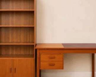 Lot #57 Authentic Mid-Century Modern Teak Desk & Bookcase Set – Lift-Top Writing Desk with Storage Cabinet