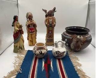 Lot #32 Southwestern Decor Collection – Native American Figures, Pottery, Handwoven Textile & Decorative Vessel