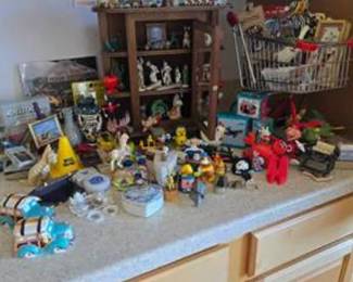 Lot #86 Massive Vintage Collectibles & Curio Lot – Figurines, Miniatures, Toys, Trinkets, Display Cabinet & Folk Art Decor