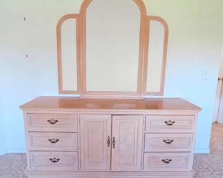 Lot #7 Vintage Pickled Oak King Bedroom Suite | Triple Mirror Dresser, Matching King Headboard & Storage Cabinet | Hollywood Reg