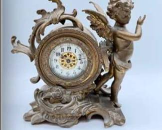 Lot #67 Antique Cherub Mantel Clock | Victorian Figural Shelf Clock | Ornate Cast Metal Decorative Timepiece