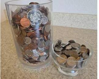 Lot #84 Large Mixed U.S. Coin Accumulation – Pennies, Nickels, Dimes & Quarters in Glass Containers