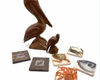 Lot #65 Hand-Carved Wooden Bird Sculptures & Decorative Tile Coaster Collection – Artisan Folk Art Décor Lot