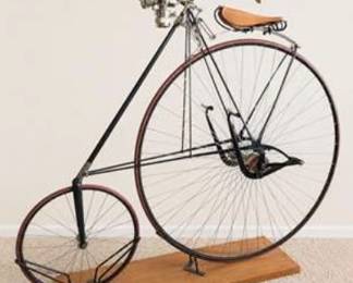 Lot #80 Authentic Antique Penny-Farthing High Wheel Bicycle Victorian Cycling Collectible on Stand