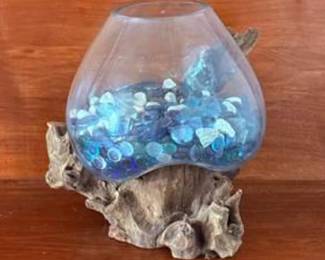 Lot #126 Art Glass Vase on Driftwood Base | Coastal Nautical Centerpiece with Decorative Glass Pebbles