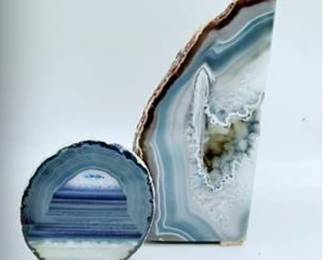 Lot #40 Large Natural Blue Agate Slice & Polished Agate Coaster Display Set – Banded Quartz Crystal Geode Décor