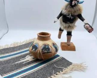 Lot #24 Native American Style Kachina Doll, Southwestern Pottery Vessel & Handwoven Textile Collection