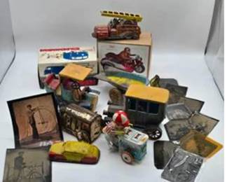 Lot #230 Vintage Tin Lithograph Toy Collection | Wind-Up Toys, Antique Cars, Ice Cream Vendor & Transportation Collectibles