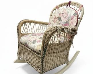 Vintage Wicker Rocking Chair with Floral Upholstery second image
