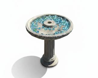 Concrete Pedestal Bird Bath with Blue and Green Glass Gems