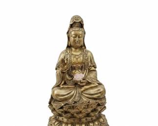 Guan Yin Statue with Lotus Flower Resin, Gold Finish