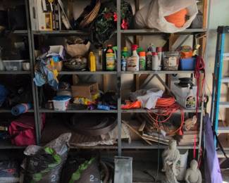 Assorted Garage Contents with Gardening Supplies and Statues