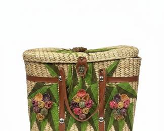 Woven Straw Picnic Basket with Floral Embellishments