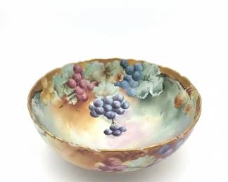 HandPainted Porcelain Punch Bowl with Grapes and Gold Rim