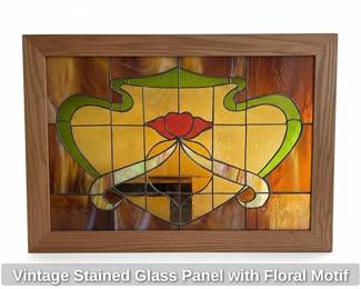 Vintage Stained Glass Panel with Floral Motif second image