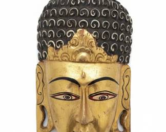 Hand Carved Wooden Buddha Mask with Gold Detailing