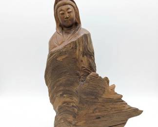 Carved Wooden Guanyin Figure on Pedestal