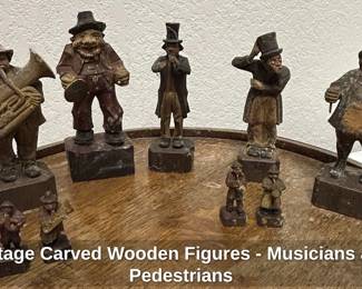 Vintage Carved Wooden Figures Musicians and Pedestrians