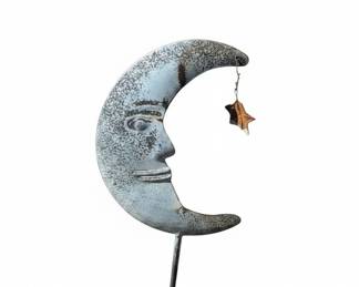 Metal Crescent Moon Garden Stake with Face