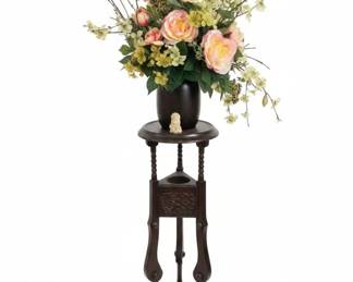 Victorian Style Dark Wood Barley Twist Pedestal Plant Stand with Faux Floral Arrangement