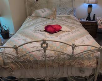 Antique White Wrought Iron Bed Frame with Scrollwork and Heart Detail